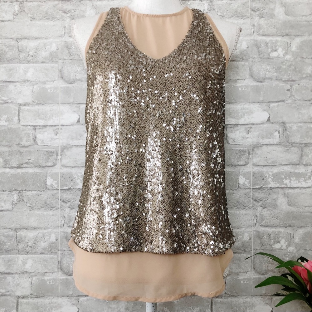 GREYLIN Women's Eka Champagne Sequin Twofer Tank Top Size Small